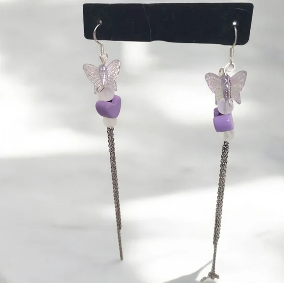 Holographic Butterfly Clear Butterfly Heart Frosted Bead Chain Dangle Earrings - Picture 2 of 2